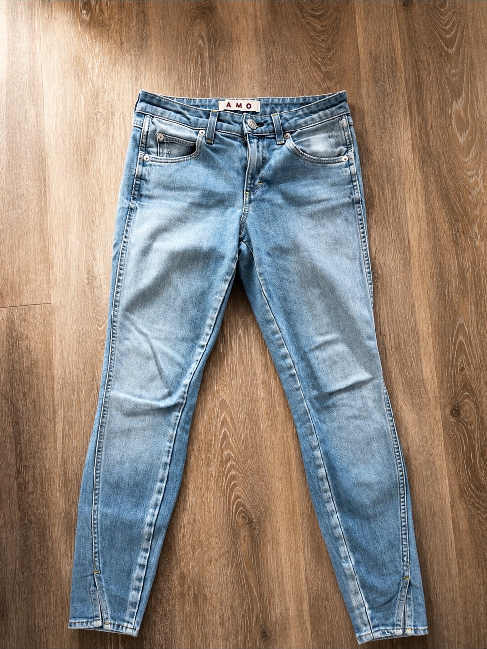 AMO Twist 70s Blue High Rise Skinny Jeans Size 25 Made in USA Distressed
